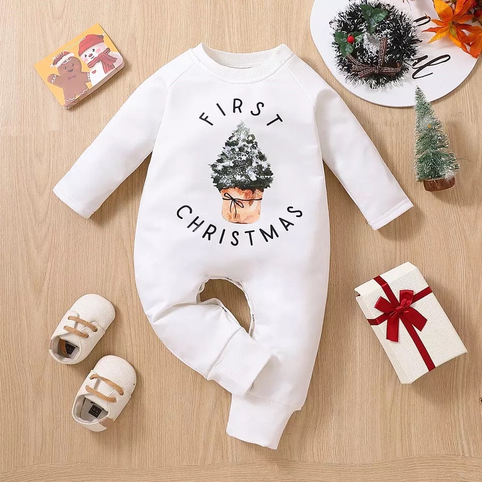 Minimalist First Christmas 0-18M Christmas Baby Girls Boys Cute Romper Xmas Trees Printed Long Sleeve Autumn Jumpsuits