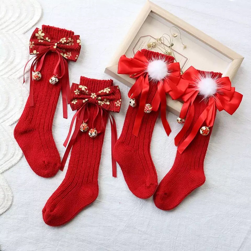 Christmas 2 Pack Autumn Winter Girls Christmas Bow Socks Knee Length Toddler Red New Year Xmas Soft Kids Baby Children Knee High Socks Gifts