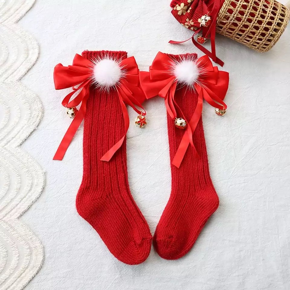 Christmas 2 Pack Autumn Winter Girls Christmas Bow Socks Knee Length Toddler Red New Year Xmas Soft Kids Baby Children Knee High Socks Gifts