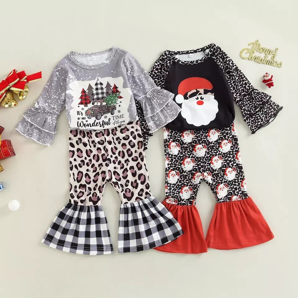 Christmas Kids Girls Trousers Outfits Tree Print Long Sleeve Tops and Casual Flare Pants Fall Xmas Clothes Set