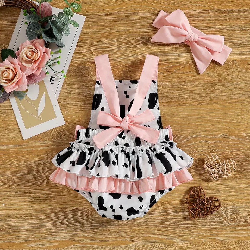 Cow Farm 0-18M Newborn Baby Girls Boys Cute Romper 2pcs Sleeveless Cow Printed Ruffles Bow Backless Jumpsuits Headband