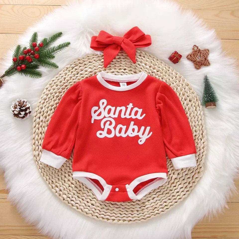 0-24M Christmas Infant Newborn Baby Girls Red Rompers Santa Baby Letter Long Sleeve Jumpsuit Xmas New Year Costume