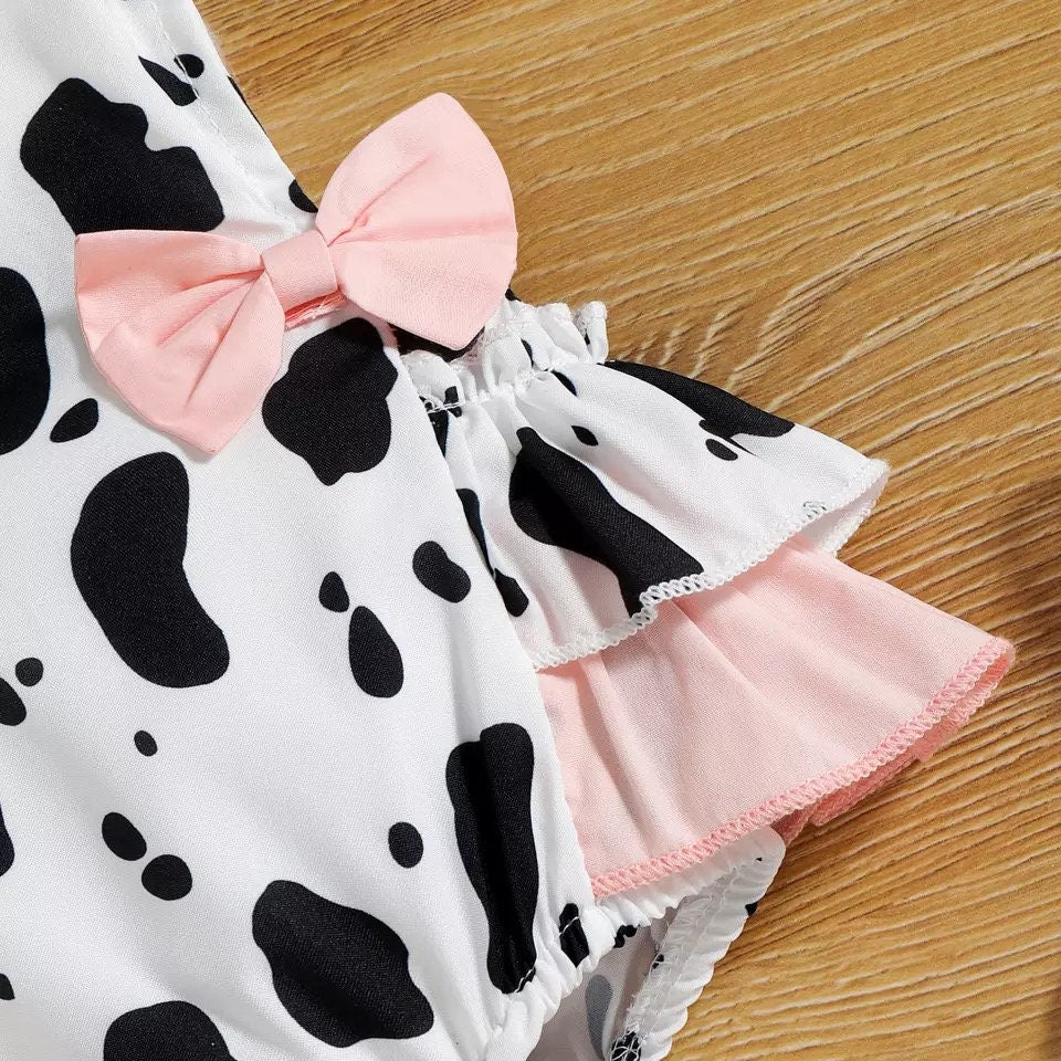 Cow Farm 0-18M Newborn Baby Girls Boys Cute Romper 2pcs Sleeveless Cow Printed Ruffles Bow Backless Jumpsuits Headband