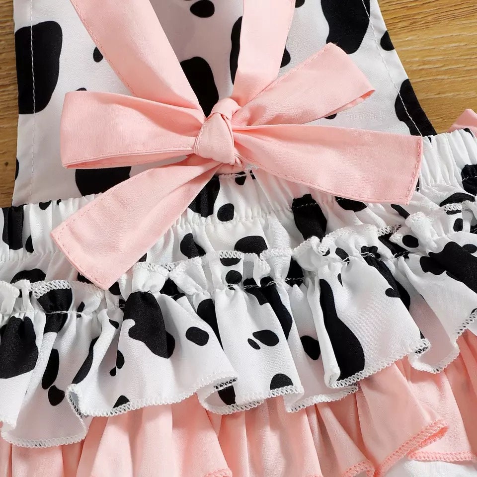 Cow Farm 0-18M Newborn Baby Girls Boys Cute Romper 2pcs Sleeveless Cow Printed Ruffles Bow Backless Jumpsuits Headband