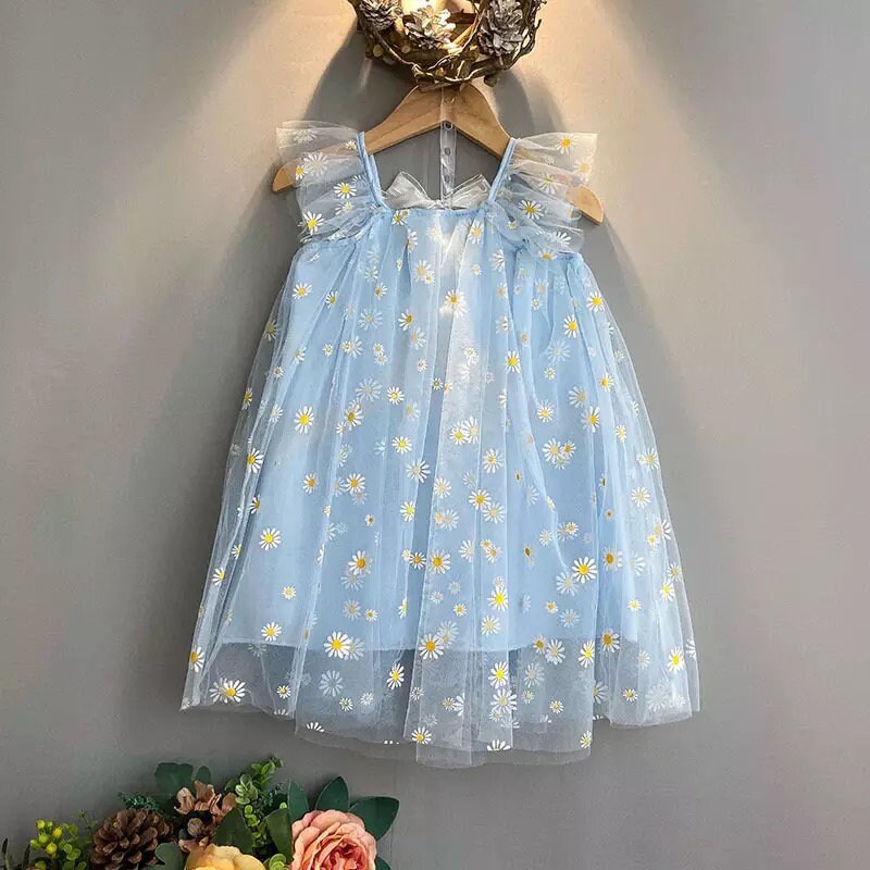 Birthday Baby Girls Fairy Daisy Flower Tulle 2022 Summer Short Ruffle Sleeve Dresses Toddlers 1 to 6Years Blue Pink Little Fluffy Dress