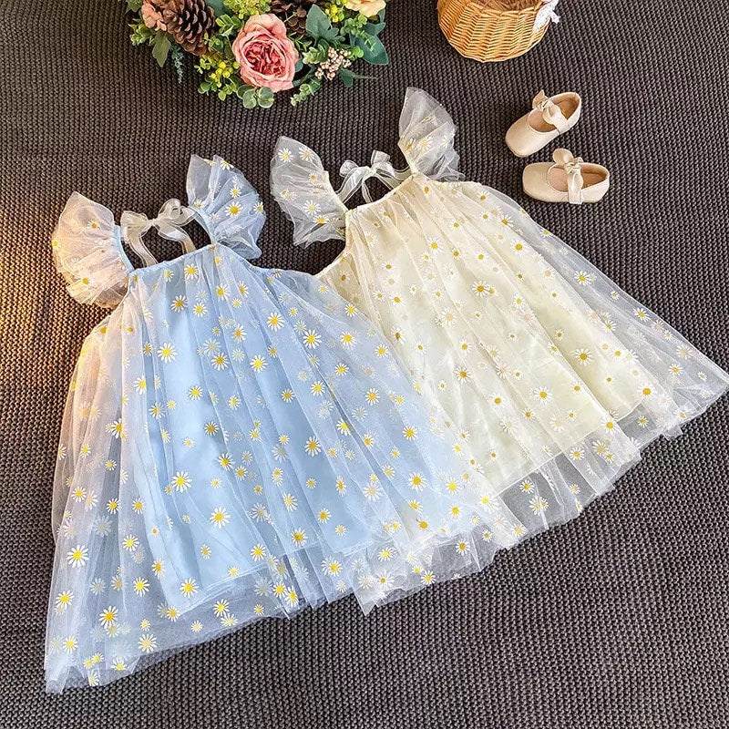 Birthday Baby Girls Fairy Daisy Flower Tulle 2022 Summer Short Ruffle Sleeve Dresses Toddlers 1 to 6Years Blue Pink Little Fluffy Dress