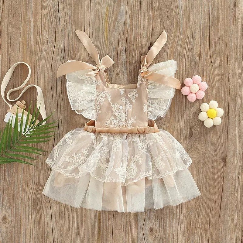 Princess Baby Girls Tutu Skirt Bodysuit Party Newborn Summer Romper Ruffle Sleeve Floral Playsuit With Crotch Buttons