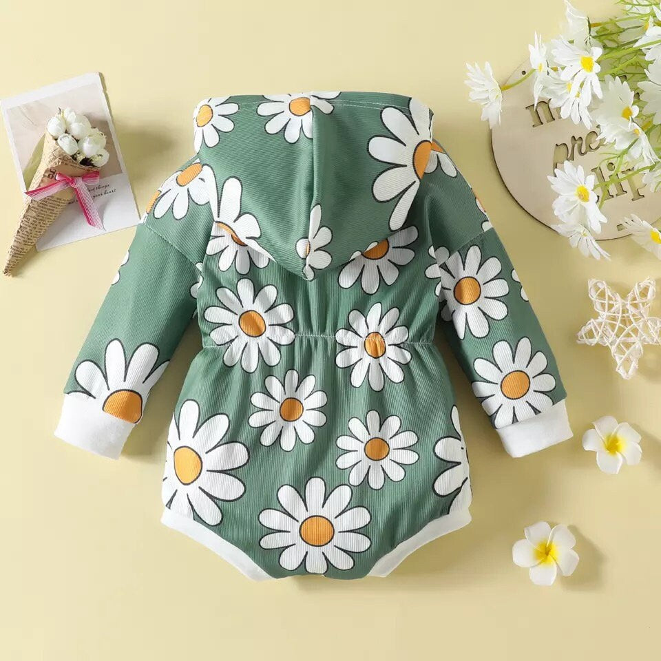 24M Baby Fall Winter Hooded Romper Long Sleeve Elastic Waist Daisy Print Bodysuit