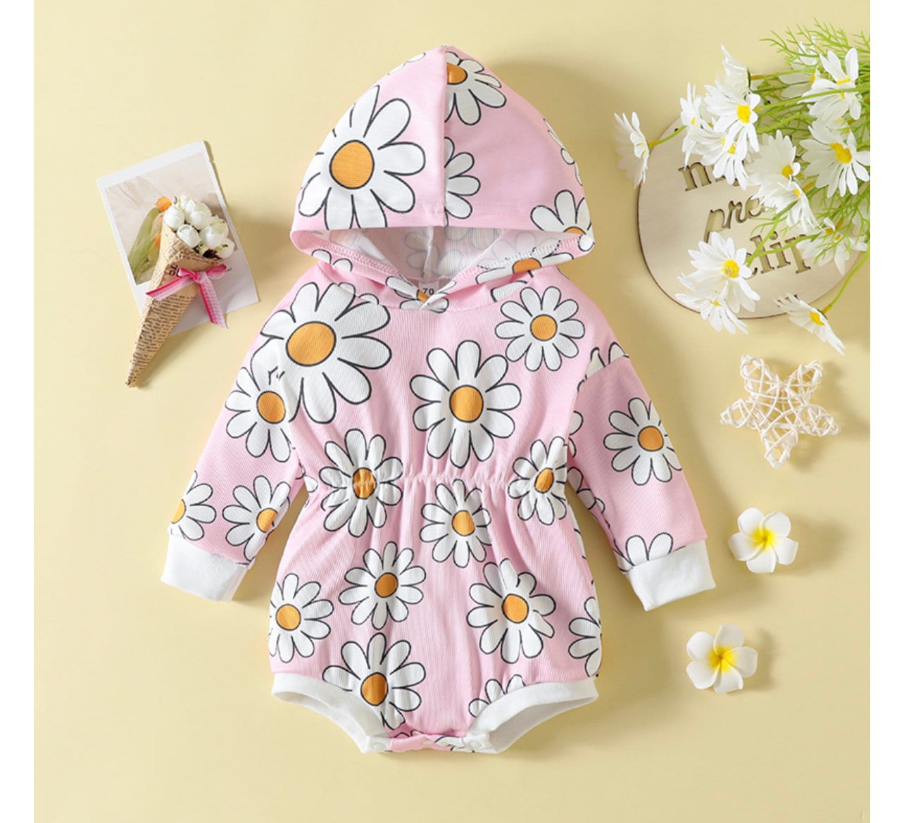 24M Baby Fall Winter Hooded Romper Long Sleeve Elastic Waist Daisy Print Bodysuit