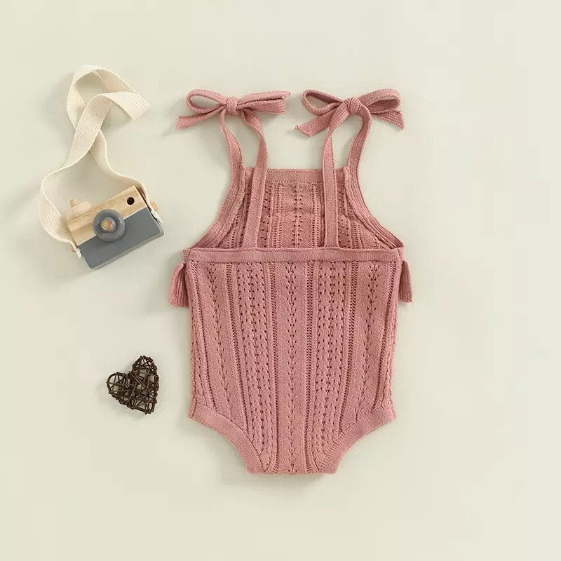 0-3Years Baby Girl Romper, Short Sleeve Round Neck -2-Piece Knit Bow Fall Spring Short Jumpsuit