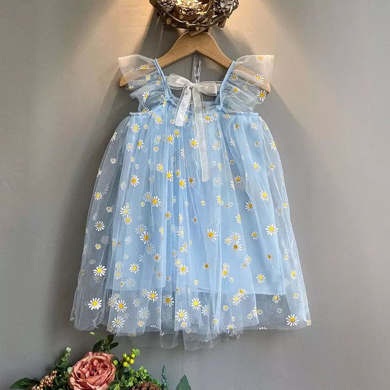 Birthday Baby Girls Fairy Daisy Flower Tulle 2022 Summer Short Ruffle Sleeve Dresses Toddlers 1 to 6Years Blue Pink Little Fluffy Dress