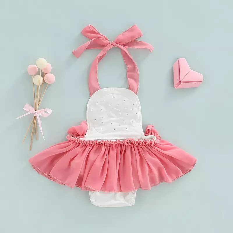 Newborn Baby Girls Ruffle Layer Jumpsuit Lovely Summer Romper Donut Print Tie-Up Halter Bows Beads Backless Playsuits Outfits