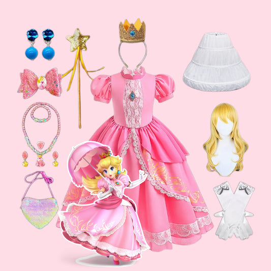 New Princess Peach DELUXE Toddler Girls Dress Costume Halloween Birthday Party