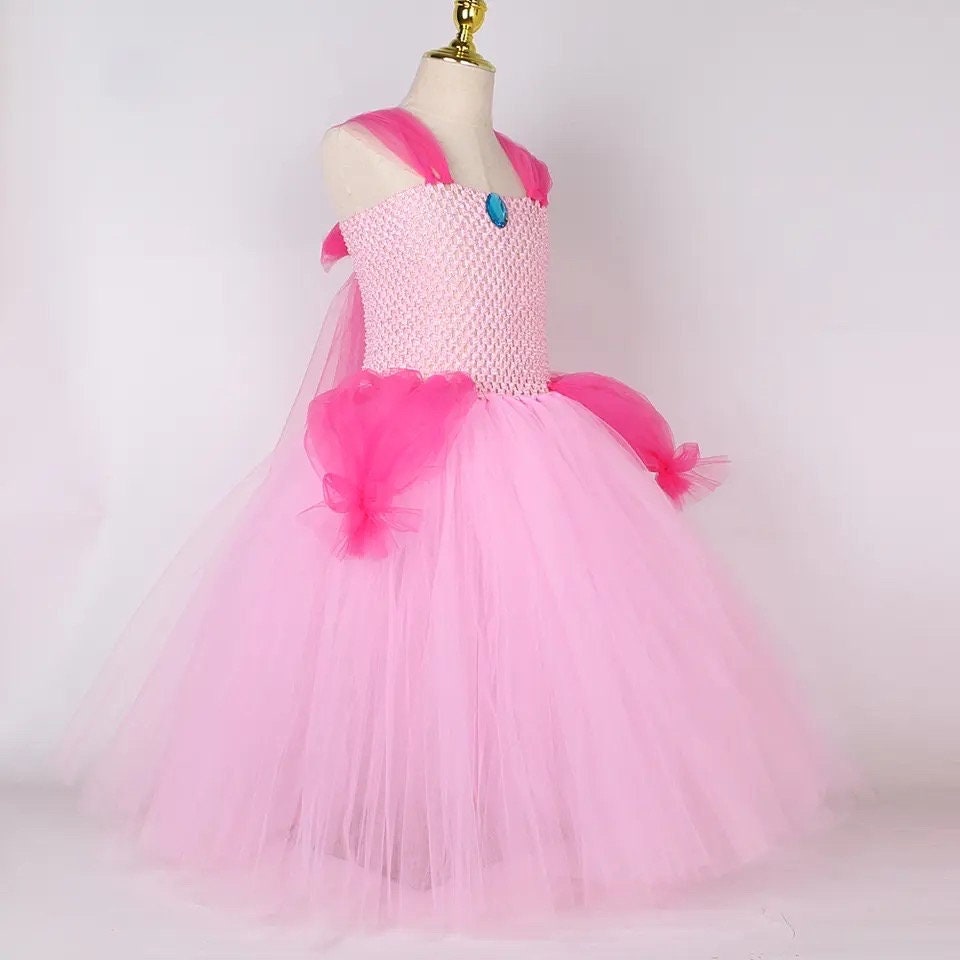 Princess Peach Tutu Costumes for Girls Birthday Halloween Long Tutu Dress for Kids Cartoon Game Cosplay Outfits Party Ball Gown