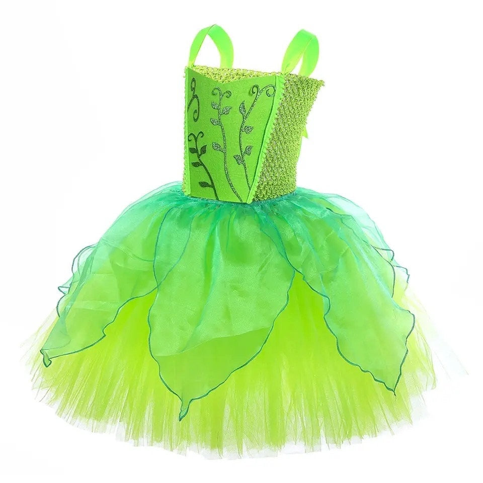 Tinker Bell Costume for Girls Kids Green Fairy Halloween Tutu Dress with Butterfly Wing Children Forest Elf Cosplay Outft