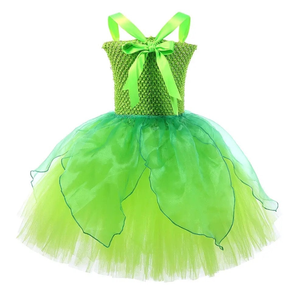 Tinker Bell Costume for Girls Kids Green Fairy Halloween Tutu Dress with Butterfly Wing Children Forest Elf Cosplay Outft