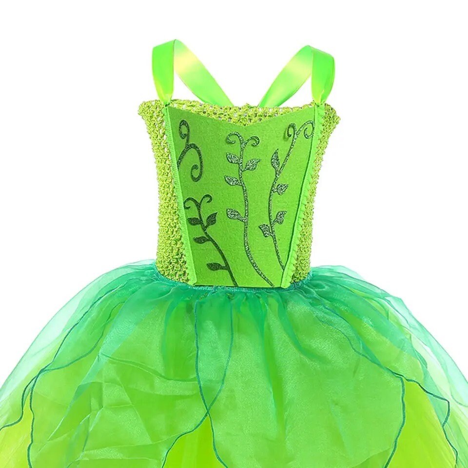 Tinker Bell Costume for Girls Kids Green Fairy Halloween Tutu Dress with Butterfly Wing Children Forest Elf Cosplay Outft