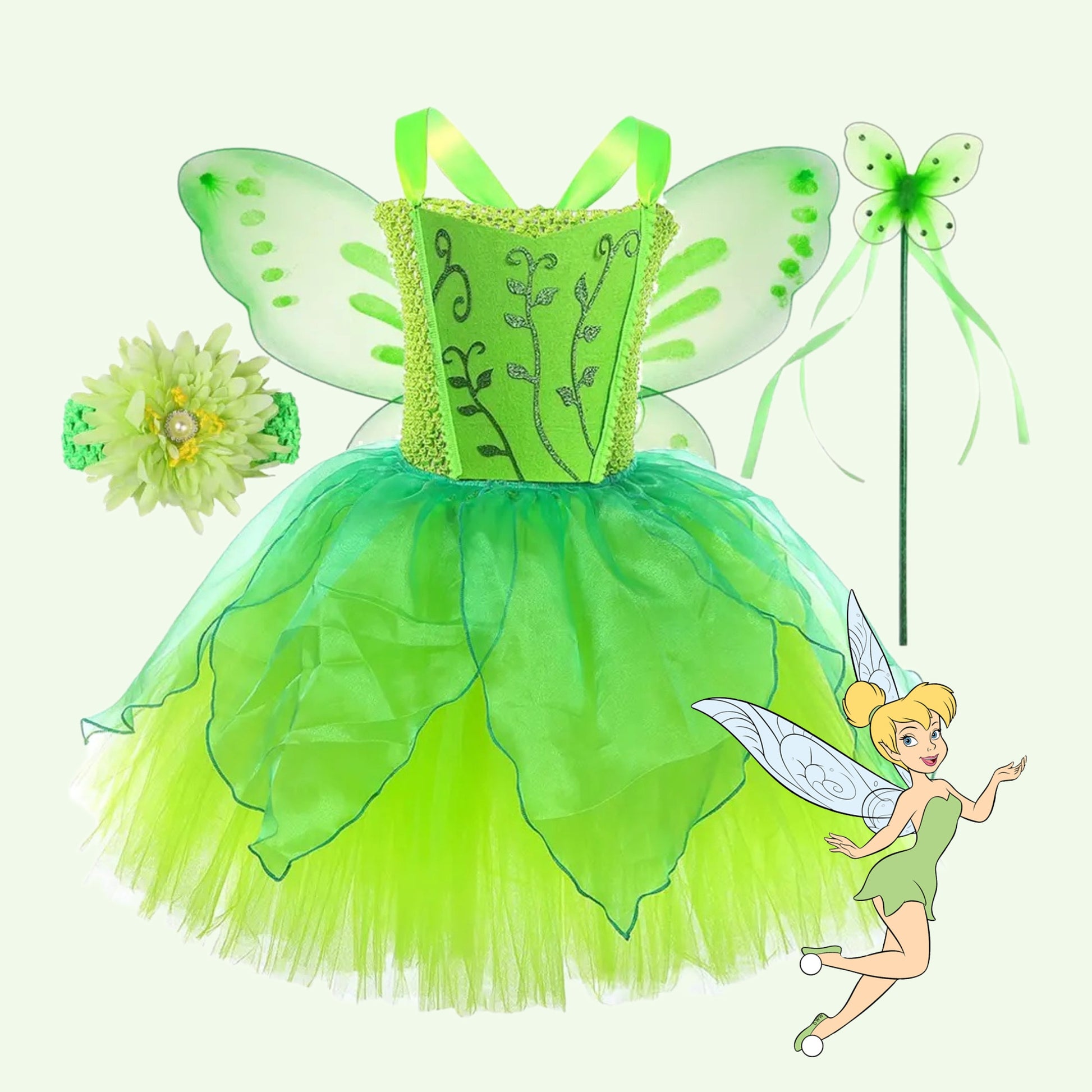 Tinker Bell Costume for Girls Kids Green Fairy Halloween Tutu Dress with Butterfly Wing Children Forest Elf Cosplay Outft