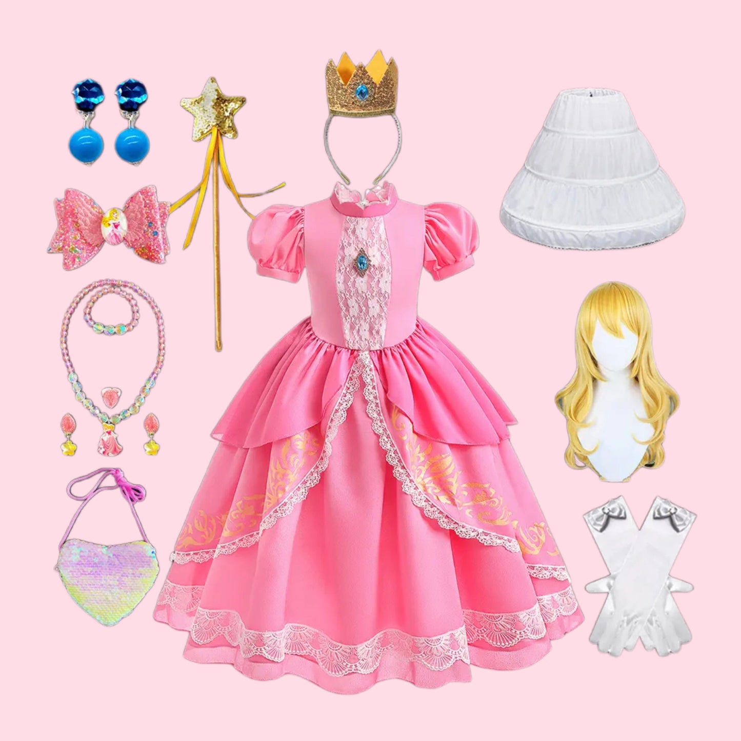 New Princess Peach DELUXE Toddler Girls Dress Costume Halloween Birthday Party