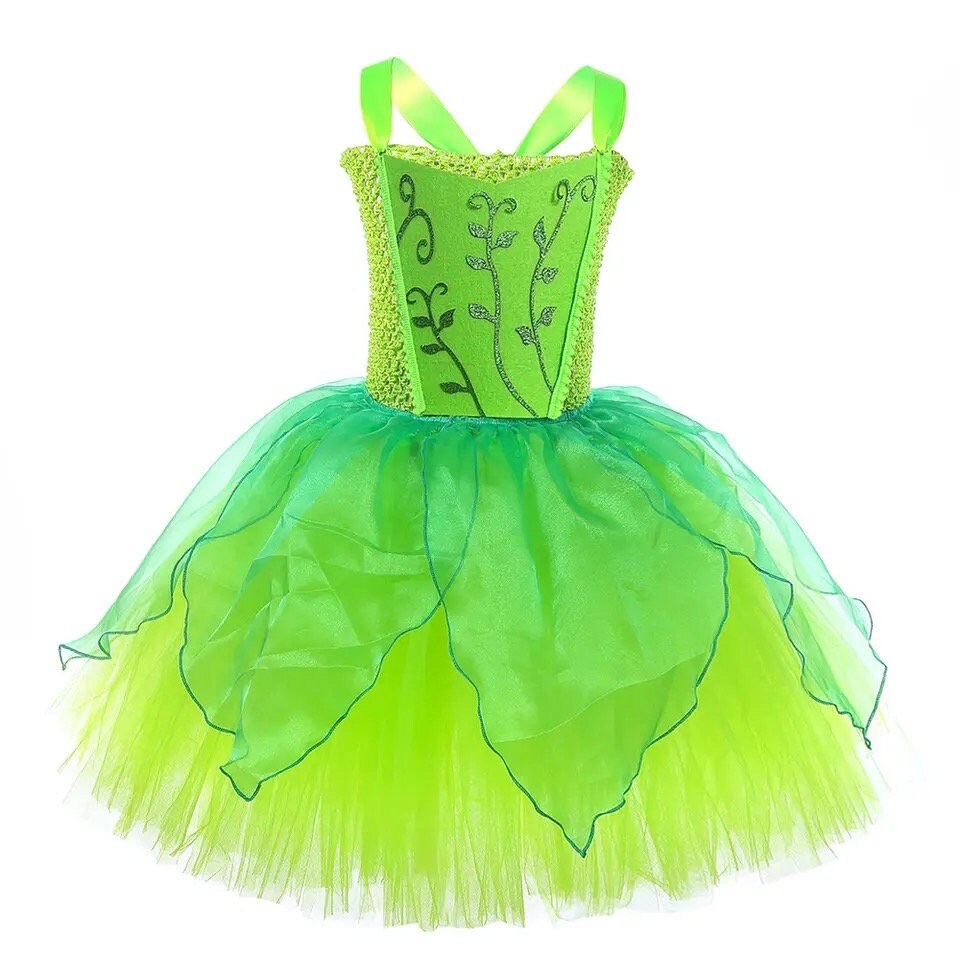 Tinker Bell Costume for Girls Kids Green Fairy Halloween Tutu Dress with Butterfly Wing Children Forest Elf Cosplay Outft
