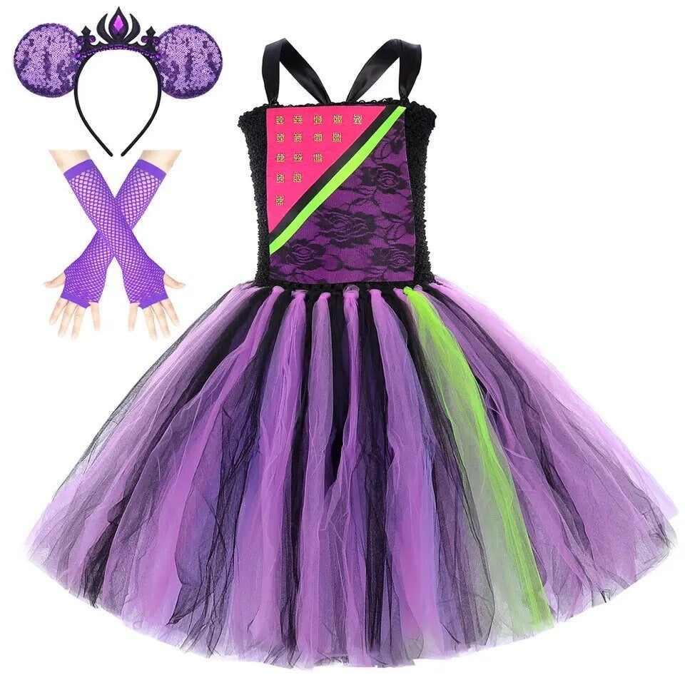 Descendents 2 Princess Mal Costumes for Girls Hallloween Fancy Dress Disney Outfit for Kids Carnival Party Tutus with Bow Gloves