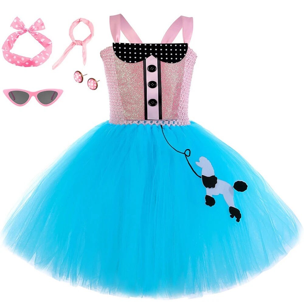 Poodle Girl Sweet Cool Girl Tutu Dress for Birthday Party Baby Pink Blue Princess Costumes with Glasses Set Kids Halloween New Year Outfit