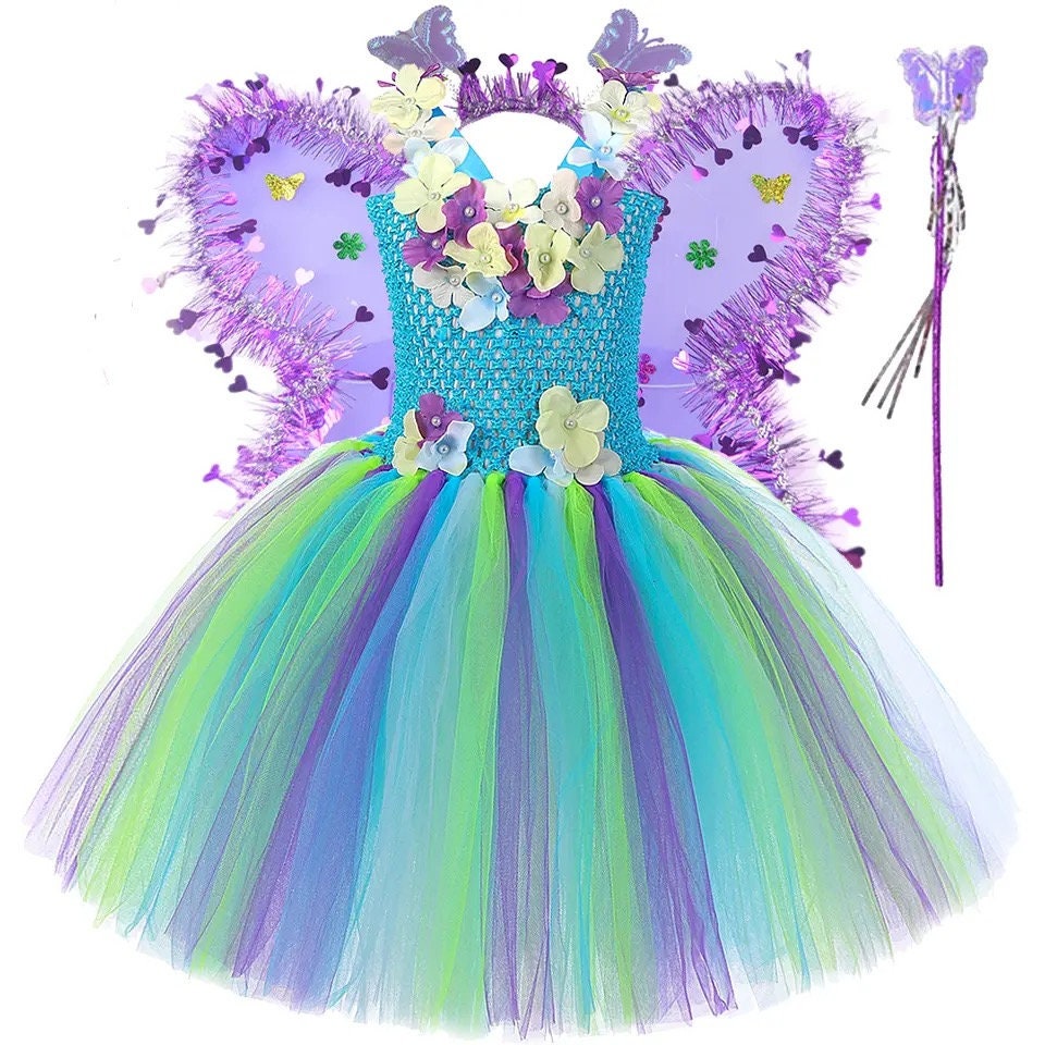 Butterfly Flower Jungle Fairy Costumes for Girls Birthday Party Tutus Kids Halloween Fancy Dress with Butterfly Wings Princess Girl Outfit