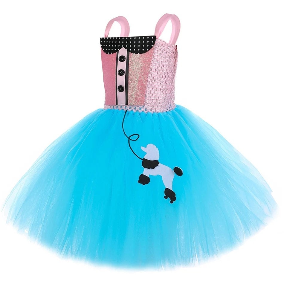 Poodle Girl Sweet Cool Girl Tutu Dress for Birthday Party Baby Pink Blue Princess Costumes with Glasses Set Kids Halloween New Year Outfit