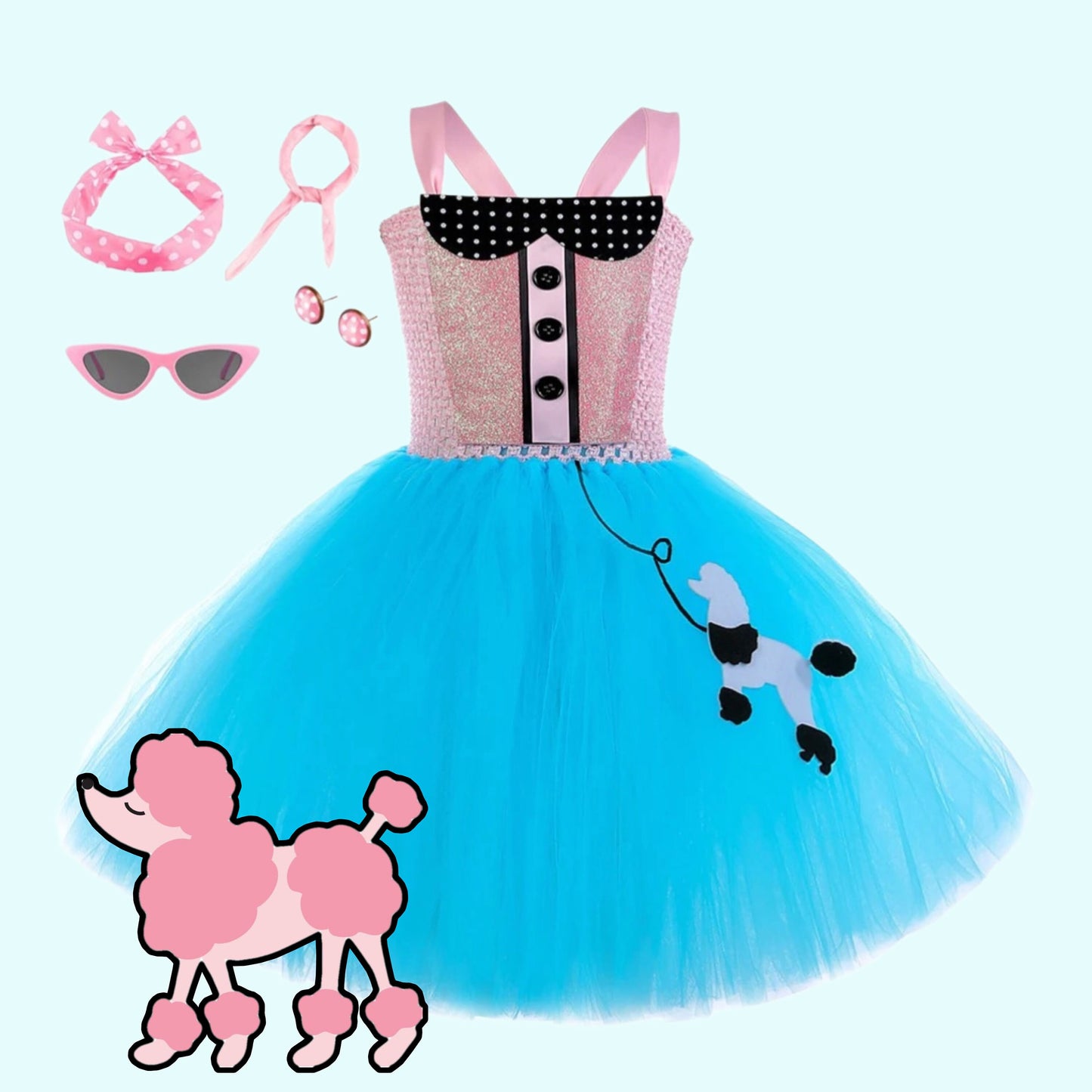 Poodle Girl Sweet Cool Girl Tutu Dress for Birthday Party Baby Pink Blue Princess Costumes with Glasses Set Kids Halloween New Year Outfit