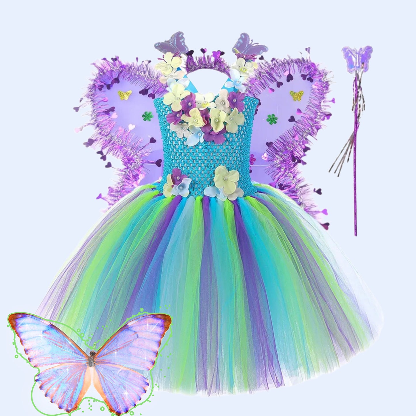 Butterfly Flower Jungle Fairy Costumes for Girls Birthday Party Tutus Kids Halloween Fancy Dress with Butterfly Wings Princess Girl Outfit