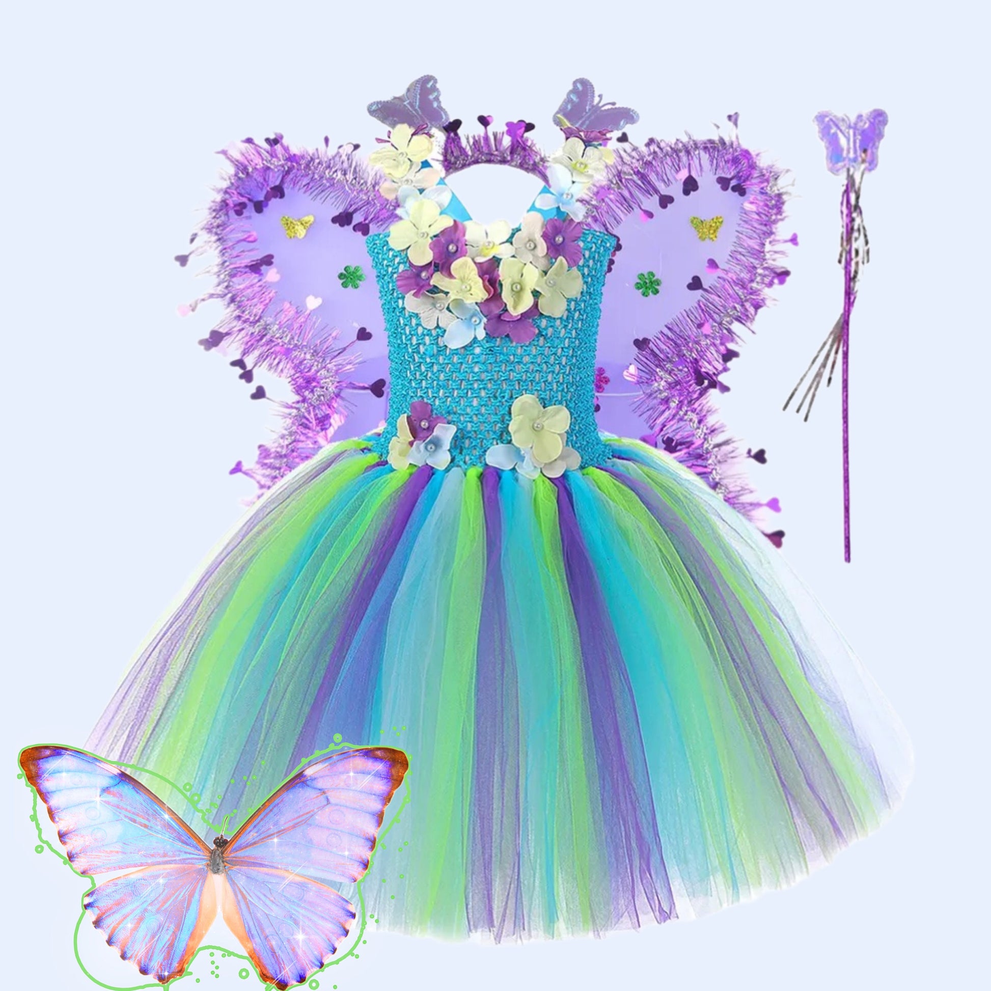 Butterfly Flower Jungle Fairy Costumes for Girls Birthday Party Tutus Kids Halloween Fancy Dress with Butterfly Wings Princess Girl Outfit