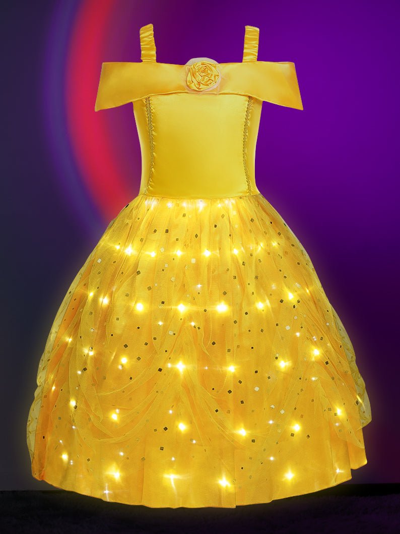 Light Up Belle Princess Costume Shoulder Layered Dress for Girls Party