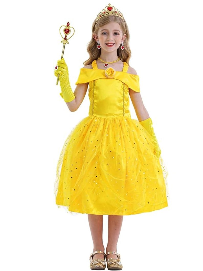 Light Up Belle Princess Costume Shoulder Layered Dress for Girls Party