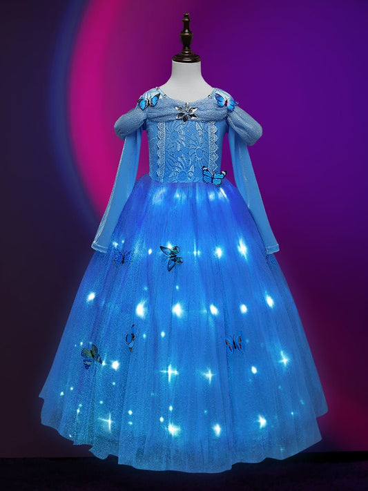 Light Up Cinderella Princess Long-Sleeve Dress Up Costume for Girls Halloween