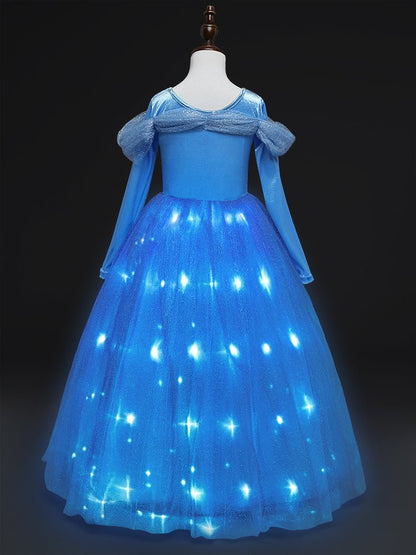 Light Up Cinderella Princess Long-Sleeve Dress Up Costume for Girls Halloween